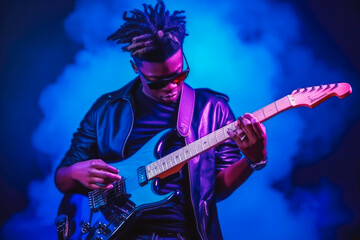 Naklejka na ściany i meble Young african american musician playing the guitar. Young rock star playing electric guitar at a concert. Generative AI