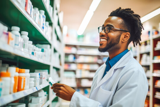 Photo of a professional pharmacist checking stock in the storage room. Pharmacist at work. Generative AI