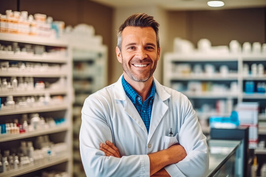 Confident handsome pharmacist at work portrait. Photo of a professional pharmacist checking stock in the storage room. Generative AI