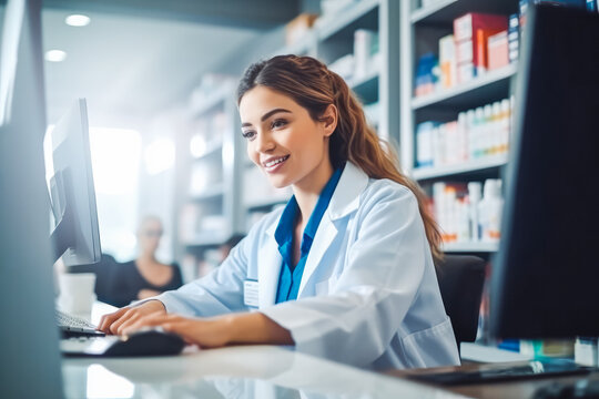 Photo of a professional female pharmacist working in chemist shop or pharmacy. Pharmacist at work. Generative AI