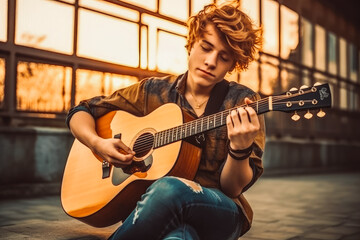 Young teenager musician urban outdoor portrait. Guy playing an acoustic guitar. Male musician sitting and playing guitar. Generative AI