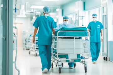 Doctors in hospital corridor. Nurses pushing gurney stretcher down hallway. Generative AI - obrazy, fototapety, plakaty