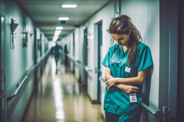 Depressed nurse standing in corridor. Professional nurse standing in corridor of hospital clinic, feeling sad. Generative AI - obrazy, fototapety, plakaty