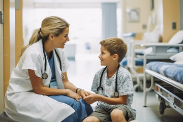 Obraz premium Female nurse talking with boy patient in hospital room. Kind professional nurse talking with child in clinic. Generative AI