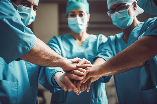 Multiethnic medical team stacking hands. Teamwork in hospital concept. Generative AI