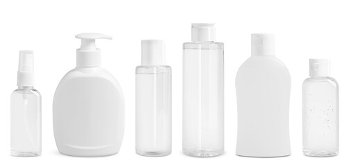 Set of cosmetic bottles with skin care products isolated on white