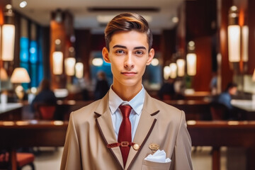 Young man in uniform serving in a hotel. Portrait of young concierge. Generative IA