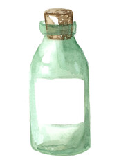 A simple green glass e-liquid bottle with a white label and brown cork cap. Watercolor illustration by hand on a white background. For your design