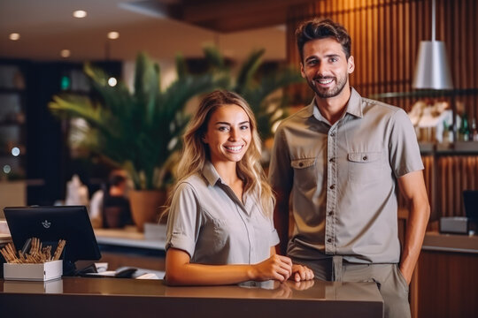 Couple on holidays at reception desk in hotel. Luxury travel and vacation concept. Generative AI