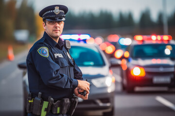 Police officer controlling traffic on highway. Professional policeman on duty. Generative AI