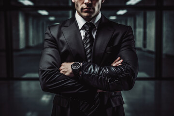 Bodyguard in suit. Group of professional serious bodyguards in business suits. Generative AI