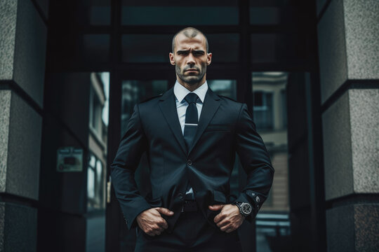 Bodyguard in suit. Group of professional serious bodyguards in business suits. Generative AI