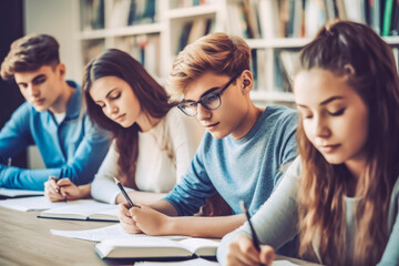 Obraz premium Group of students with books writing school test. Studying and education concept. Generative AI