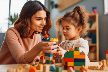 Child development specialist looking at little girl playing with toys in playroom. Generative AI
