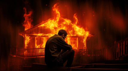 Silhouetted man stands, helpless and entranced, as flames tower over his home - a poignant portrait of loss and despair. Generative AI