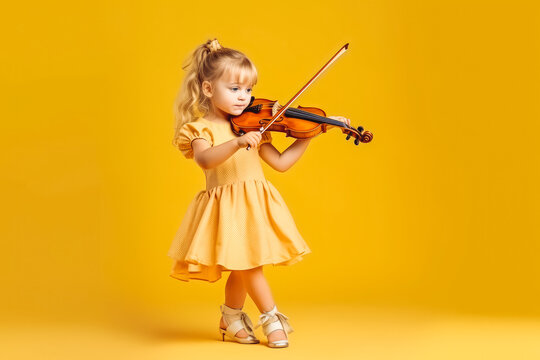 Cute little girl talented musician playing violin. Isolated on yellow background. Generative AI