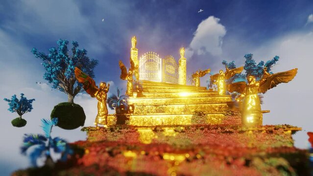 Climbing the stairway to Heaven with golden angels towards bright light, 4k