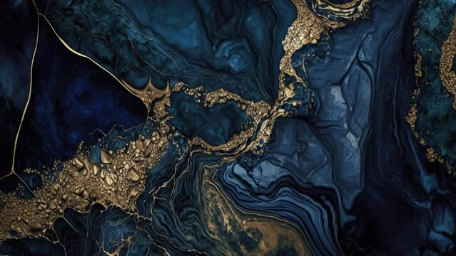 Luxury Blue Marble stone with gold lines background texture. Slow panoramic camera motion, macro with deep focus (blur). High detailed 4K video.  Pattern texture surface panning background. 