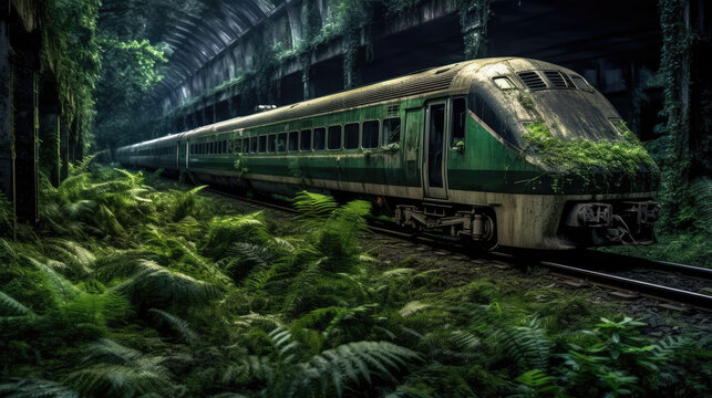 Train abandonn&eacute;, recouvert par la v&eacute;g&eacute;tation.