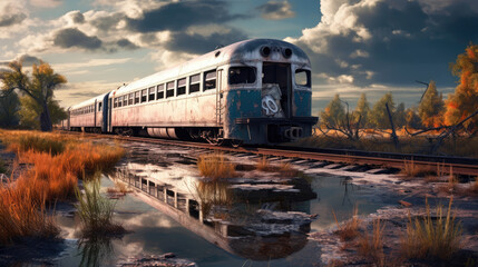 Train américain abandonné, témoignage du temps, avec reflet sur l'eau dans la nature. - obrazy, fototapety, plakaty