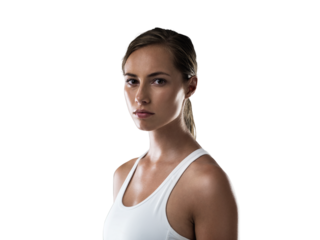Fitness, portrait or girl with serious face in training, workout or exercise for health or wellness. Fighter, relax or sports woman athlete ready for exercising isolated on transparent png background