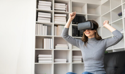 Surprised young latin woman in VR headset touching the air. Smiling caucasian woman wearing vr...