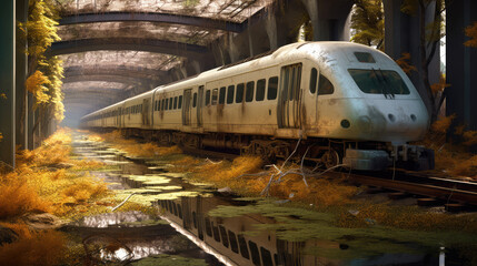 Vestiges d'un train abandonné, entouré de beauté naturelle, avec reflet sur l’eau.