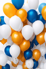 fliegende blaue, orange und weiße Ballons auf hellem Hintergrund. Hochkant. Hochformat. Generative Ai.