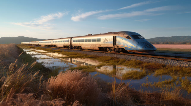 Harmonie entre le train abandonn&eacute; et la nature, dans un paysage magnifique, reflet du train sur l&rsquo;eau.