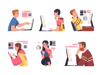 Man and Woman Character Working with Information Analyzing Data and Browsing Internet Vector Illustration Set