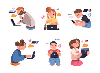 Man and Woman Character Working with Information Analyzing Data and Browsing Internet Vector Illustration Set