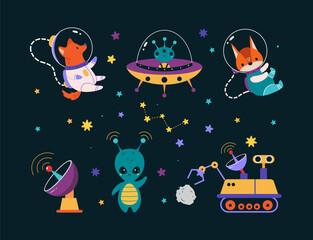 Space Adventure with Animal Astronaut Character and Alien Vector Set