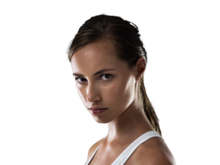 Fitness, portrait or woman with serious face in training, workout or exercise for health or wellness. Fighter, relax or sports girl athlete ready for exercising isolated on transparent png background