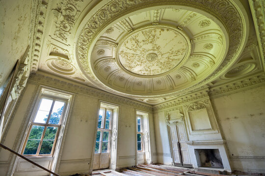 Interior of derelict Baroque style palace in Drogosze, Poland (former Donhoffstadt, East Prussia) - ballroom. Built in 1710-1714, belonged to aristocratic Prussian family von Donhoff.