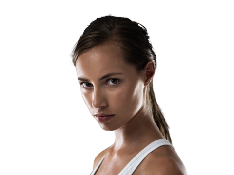 Fitness, portrait or woman with serious face in training, workout or exercise for health or wellness. Fighter, relax or sports girl athlete ready for exercising isolated on transparent png background