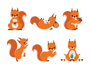 Cute Red Squirrel with Bushy Tail Vector Illustration Set