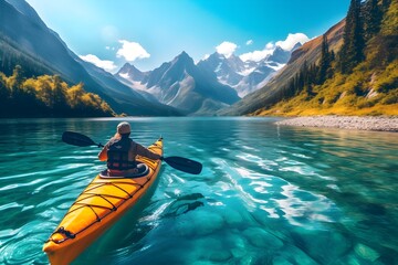 A dynamic photo of an individual kayaking on a serene blue lake, surrounded by majestic mountains. - obrazy, fototapety, plakaty