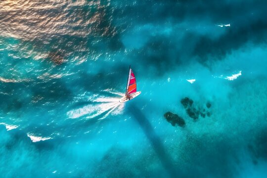 An aerial shot capturing a windsurfer gracefully maneuvering on a turquoise sea, showcasing the beauty of water sports.