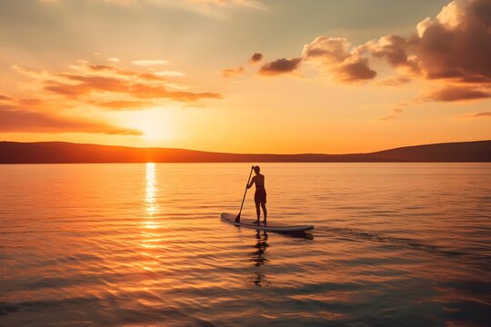 Tranquil image of a person stand-up paddleboarding against the stunning backdrop of a sunset.