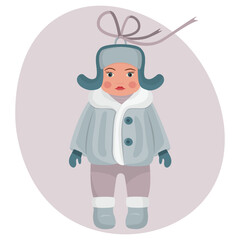 Christmas toy –  a boy in a hat, a warm fur coat and felt boots. Christmas tree decoration in retro style. The concept of winter holidays and celebrations. Vector illustration.