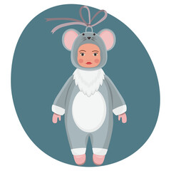 Christmas toy –  a child in a fancy dress of a mouse. Christmas tree decoration in retro style. The concept of winter holidays and celebrations. Vector illustration.