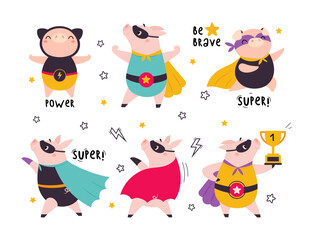 Pink Pig Superhero Character in Eye Mask and Cloak Having Super Power Vector Illustration Set