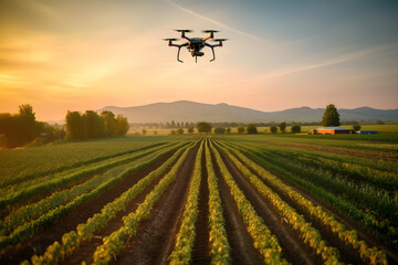 Fototapeta na wymiar Agriculture drone flying above vegetable farm and spraying fertilizer. Smart and precision farming, Agricultural technology concept, no people. Generative AI