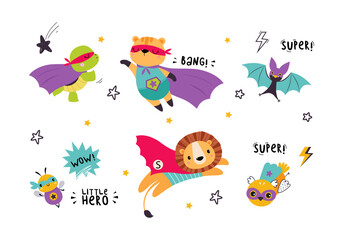 Funny Animal Superhero Dressed in Cape or Cloak Vector Illustration Set