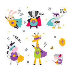 Funny Animal Superhero Dressed in Cape or Cloak Vector Illustration Set