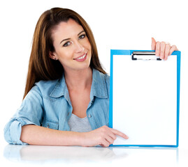 Isolated woman, blank clipboard and portrait with point, smile and mockup space by transparent png...