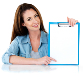 Isolated woman, blank clipboard and portrait with point, smile and mockup space by transparent png background. Girl, checklist and happy for recruitment, volunteer sign up or signature for petition