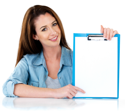 Isolated woman, blank clipboard and portrait with point, smile and mockup space by transparent png background. Girl, checklist and happy for recruitment, volunteer sign up or signature for petition