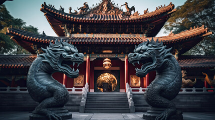 Obraz premium A dragon sculpture on the eaves of Chinese temple Generative AI