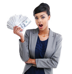 Portrait, wow and money with a business woman isolated on a transparent background as a winner of...